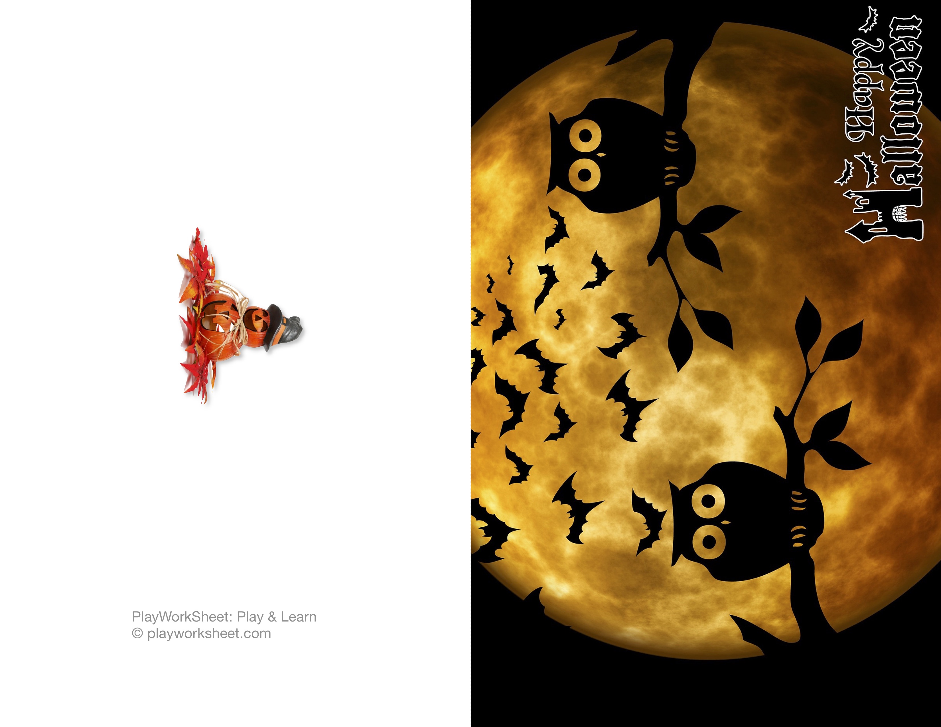 Happy Halloween card featuring moon, owls and bats