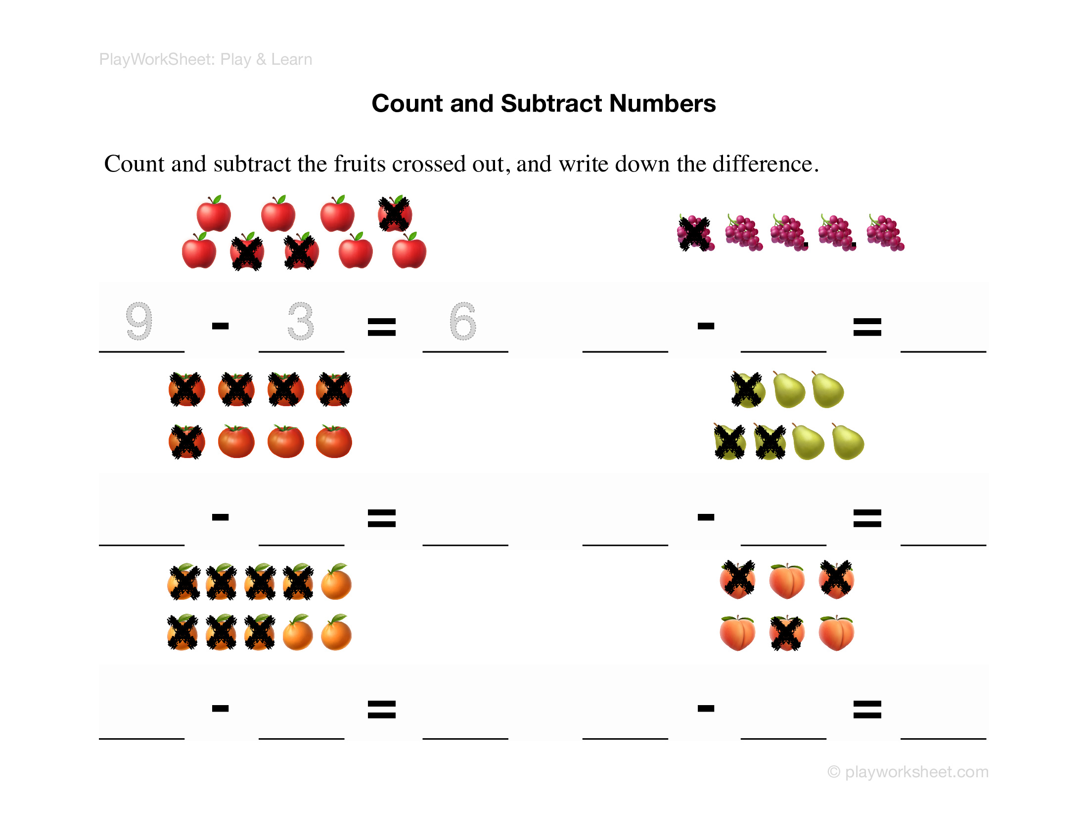 Count and Subtract Numbers by Crossing Out Free Printables for Kids