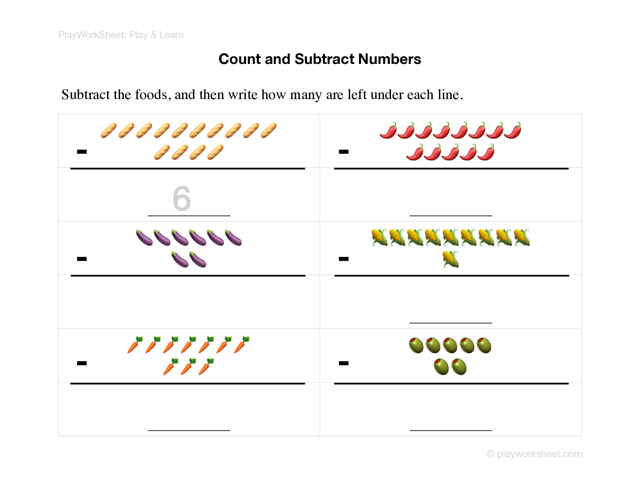 Vertical Subtraction of Numbers up to Ten - Page 2