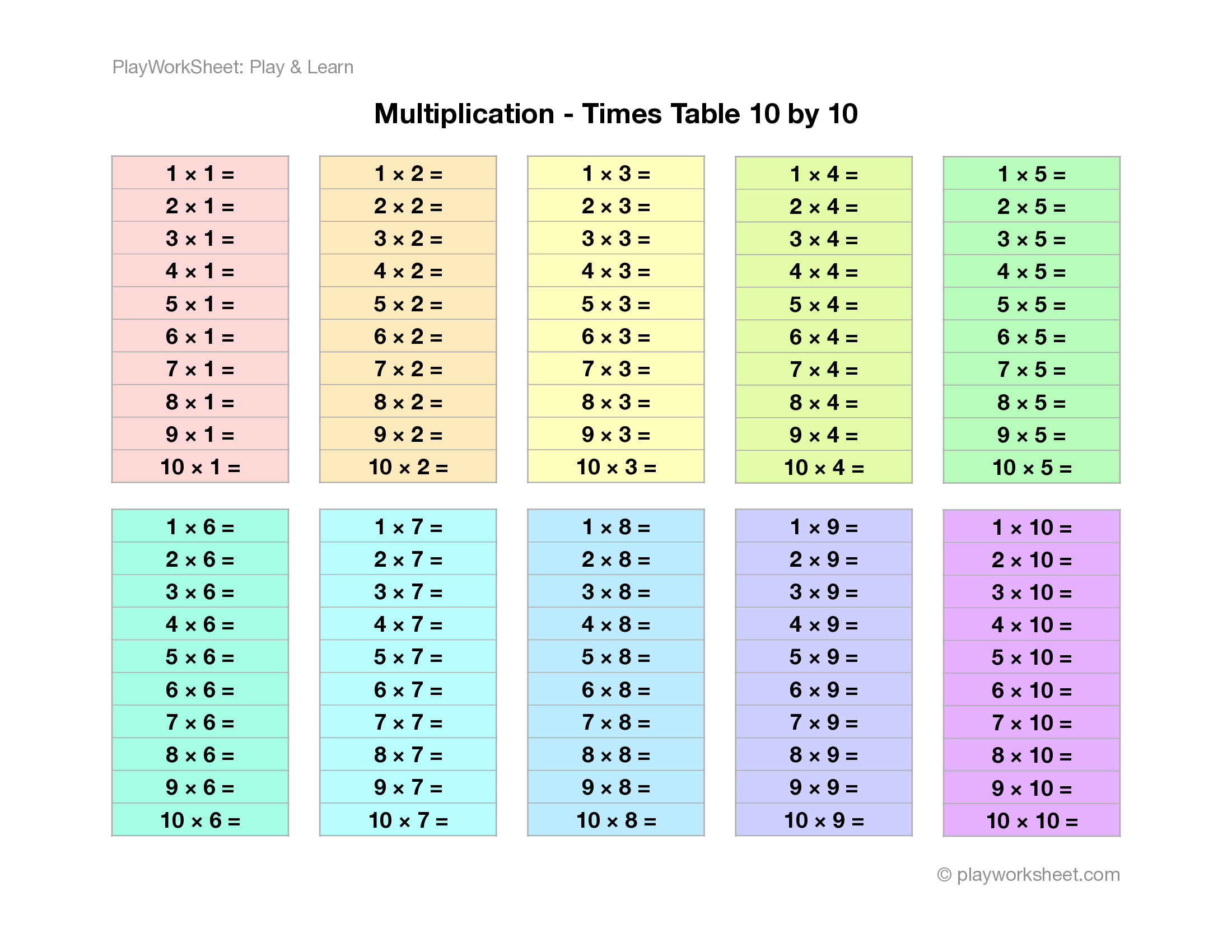 Multiplication Times Table 10 × 10 Worksheet