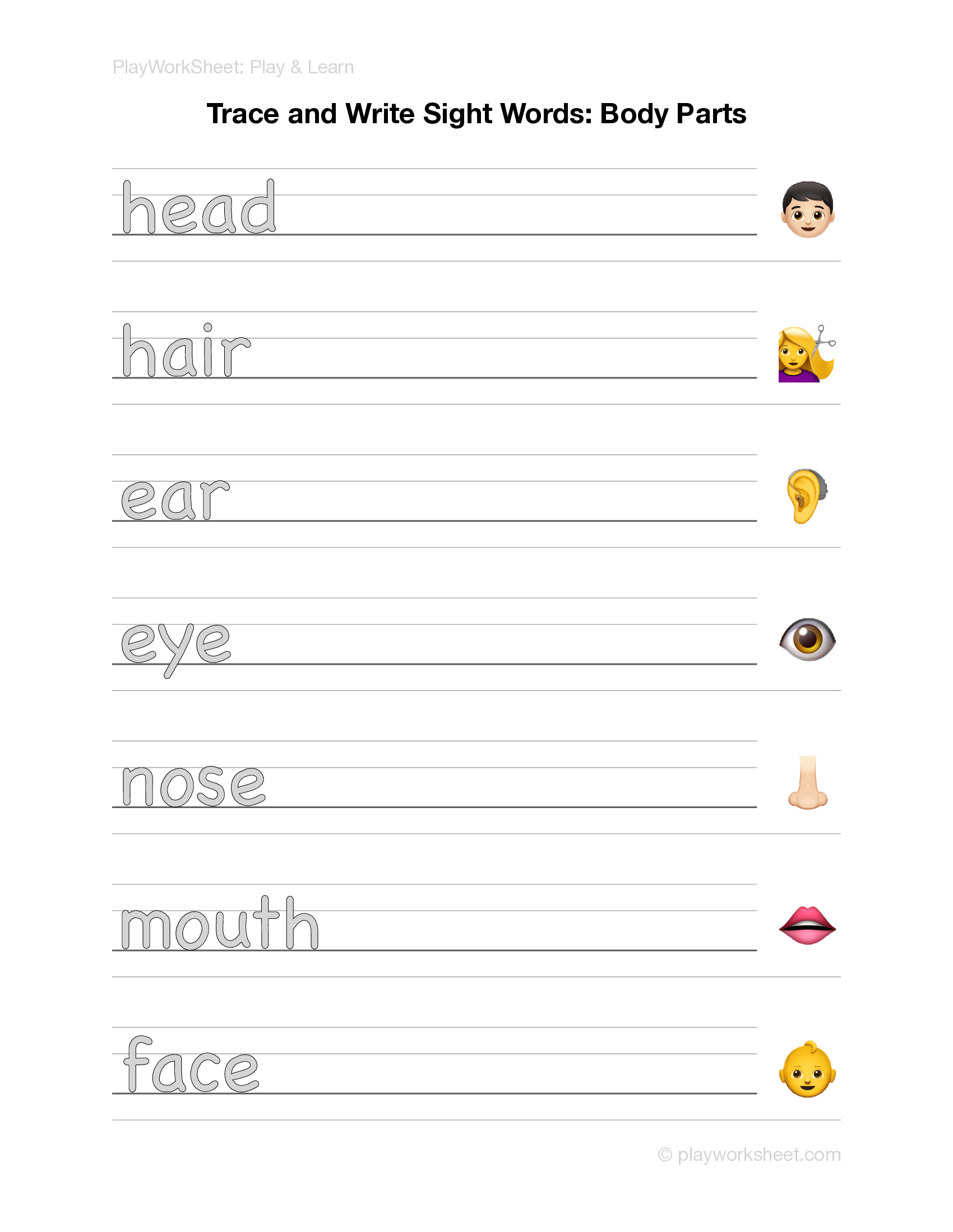 Trace and Write Sight Words: Body Parts - Page 1