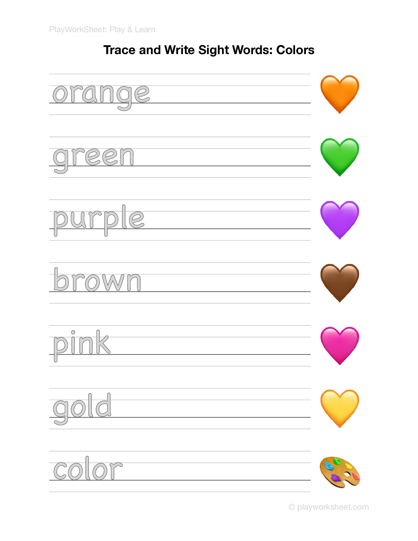 Sight Words Tracing Worksheet: Colors - Page 2