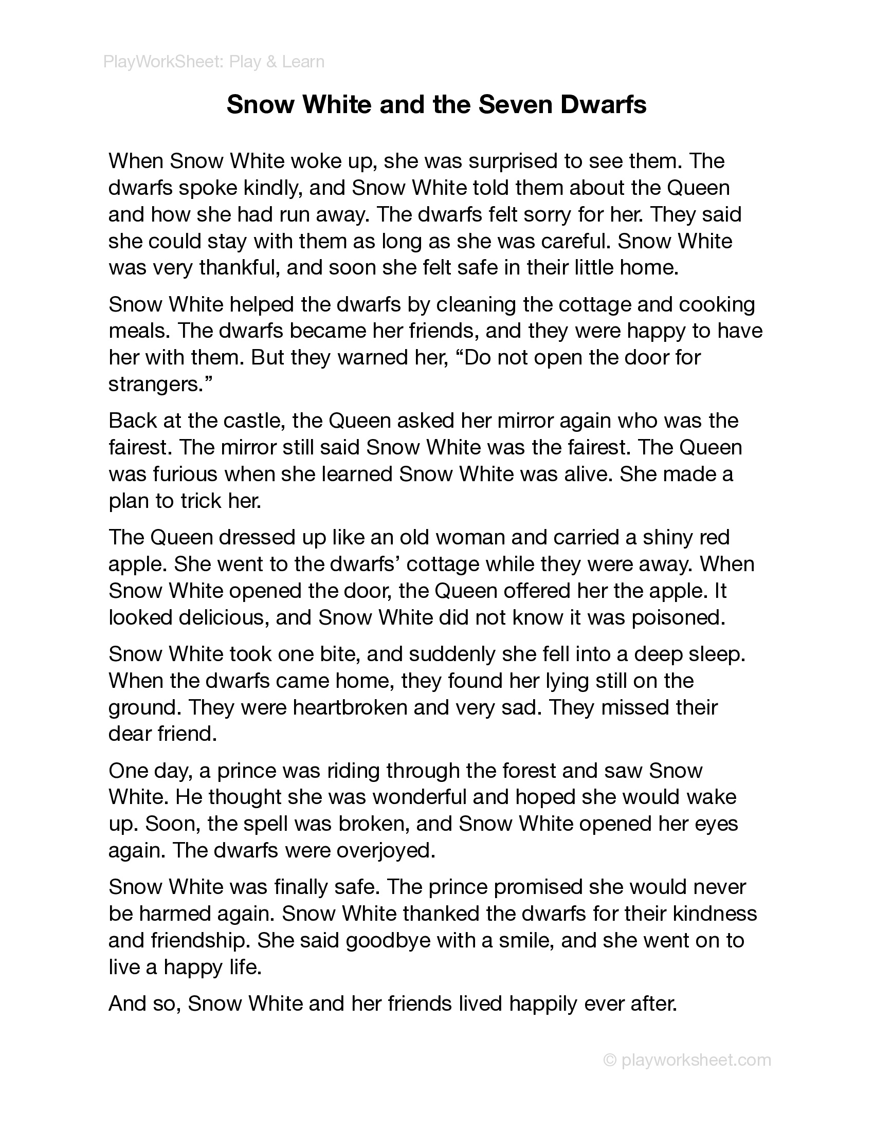 Snow White and the Seven Dwarfs Reading Worksheet - Page 2