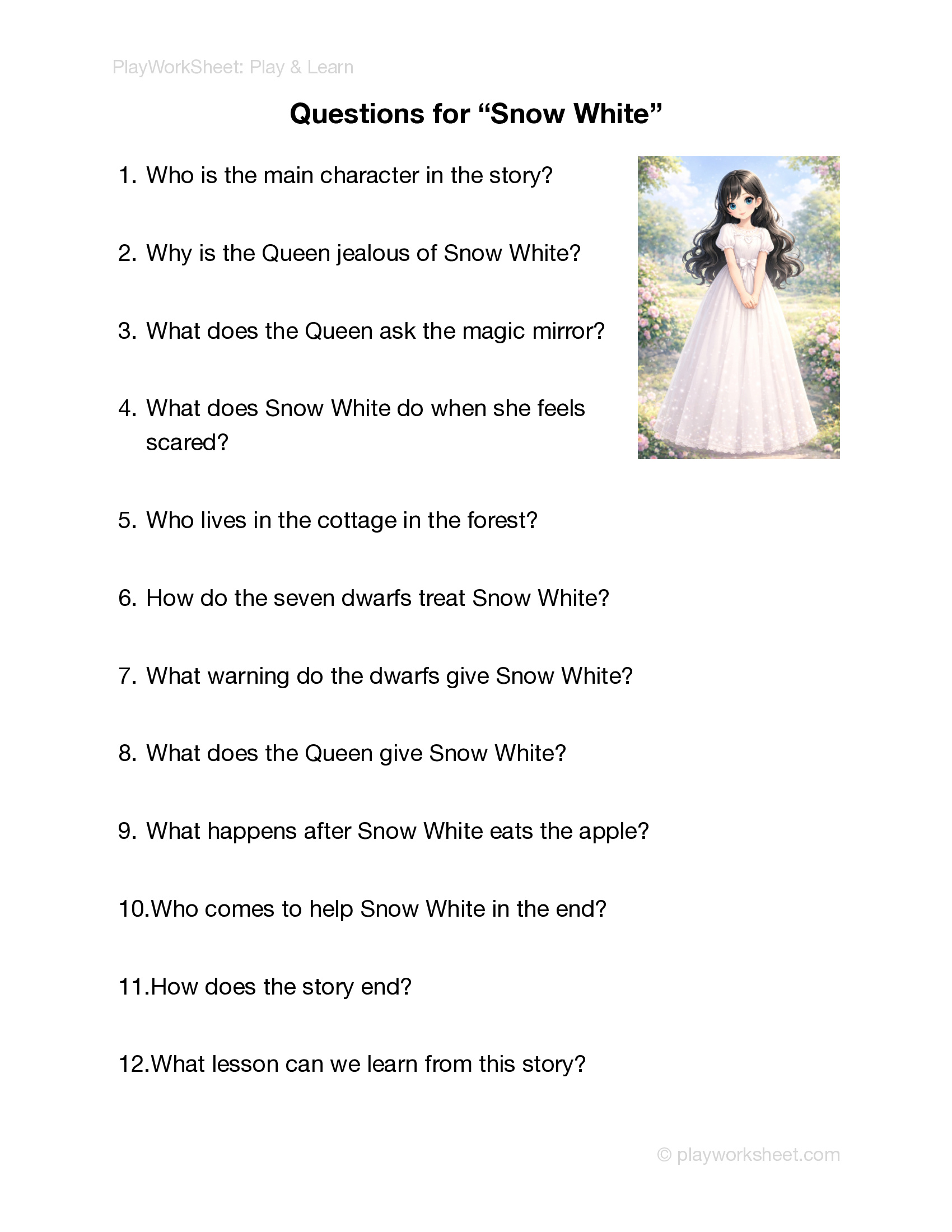 Snow White and the Seven Dwarfs Reading Worksheet - Page 3