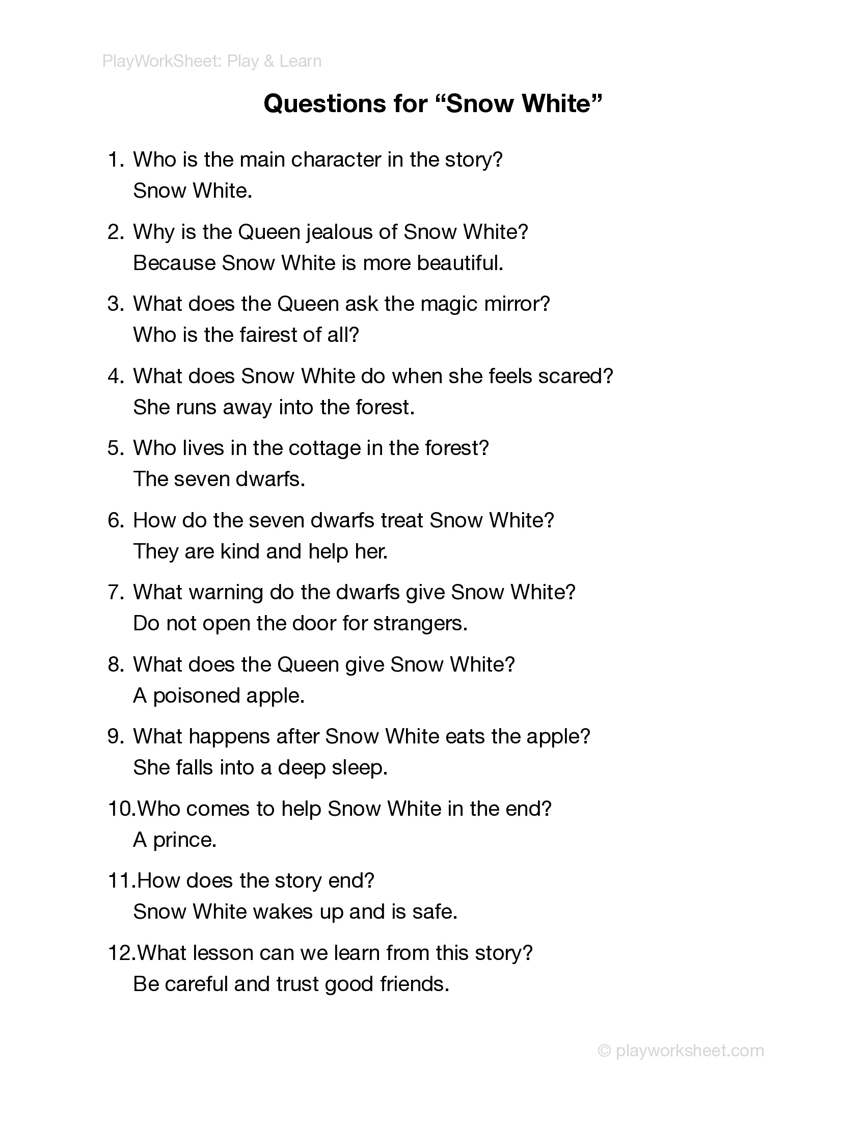 Snow White and the Seven Dwarfs Reading Worksheet - Page 4