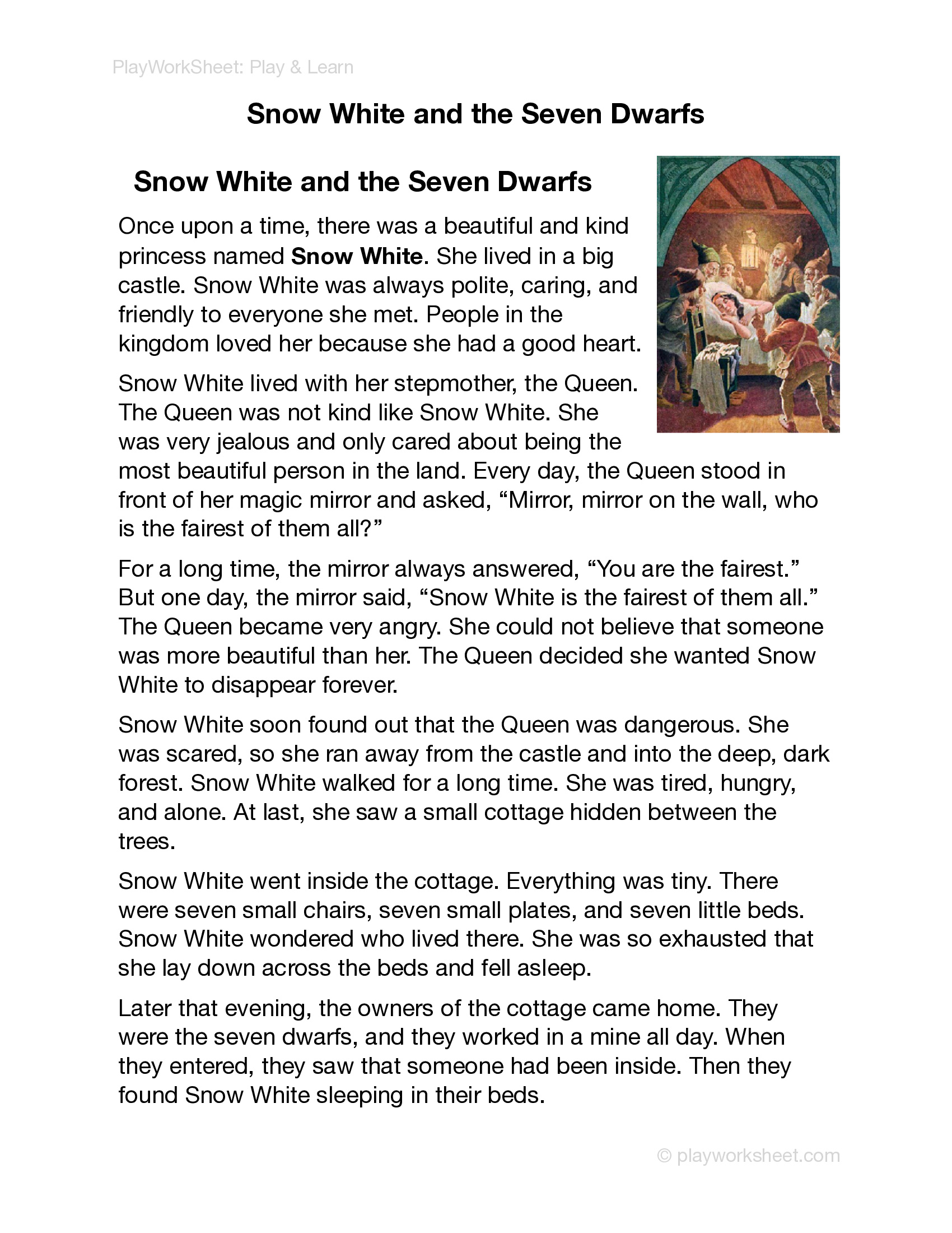 Snow White and the Seven Dwarfs Reading Worksheet - Page 1
