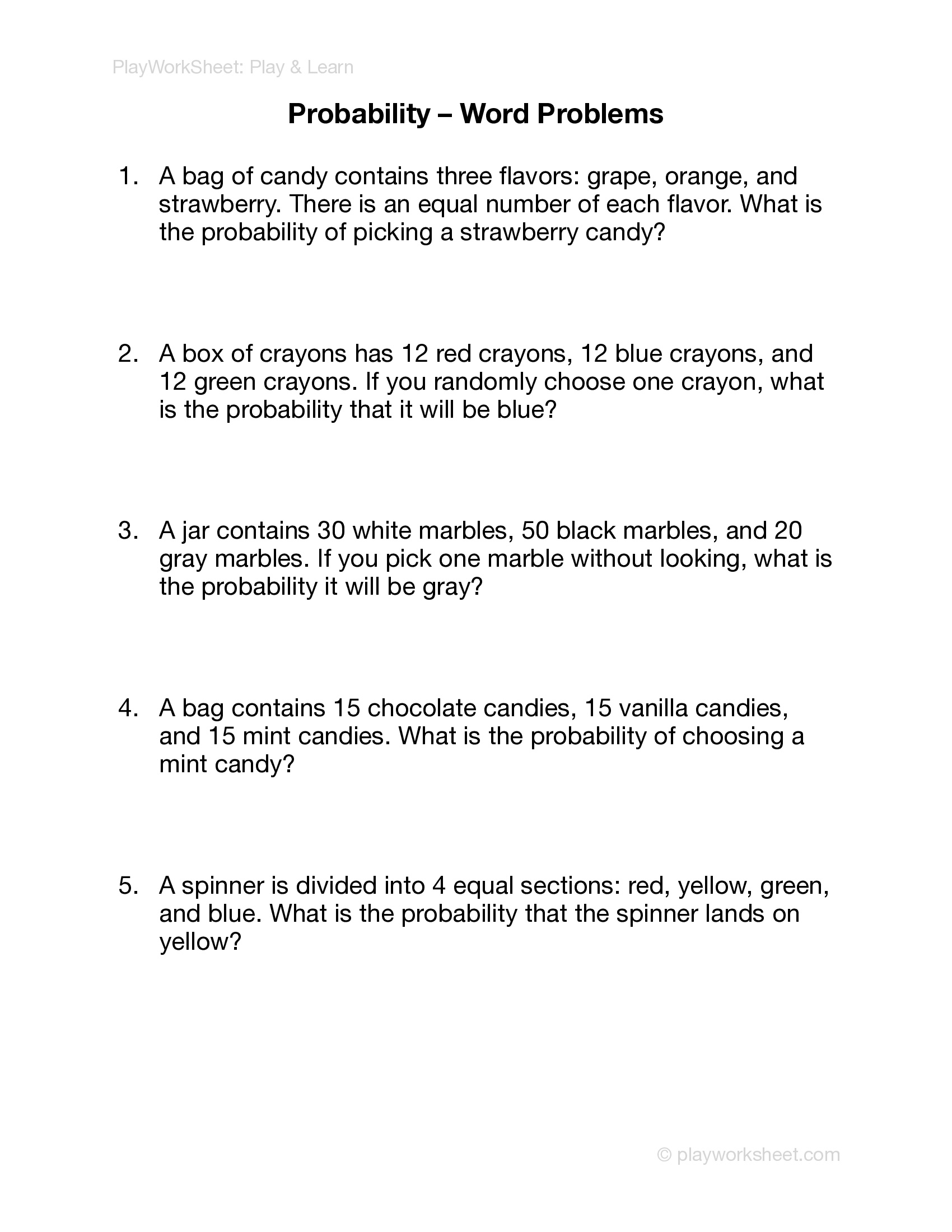 Probability Word Problems Worksheet - Page 1