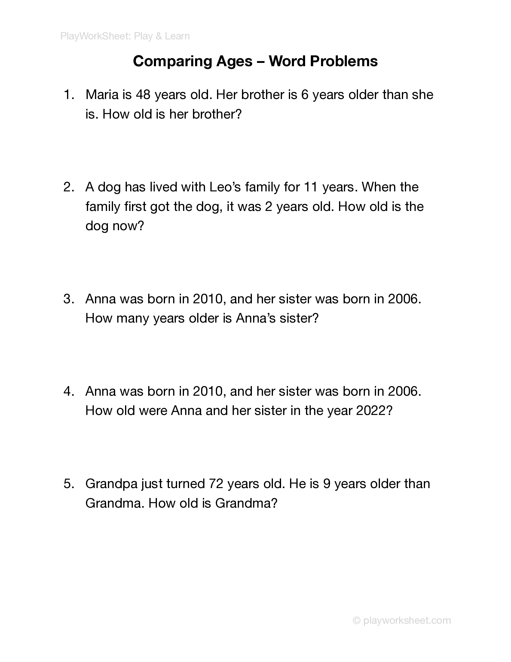 Comparing Ages Word Problems - Page 1