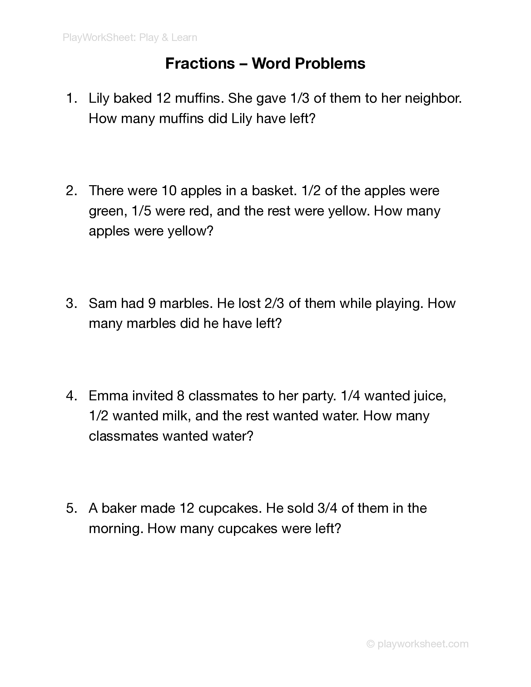 Fraction Word Problems - Page 1