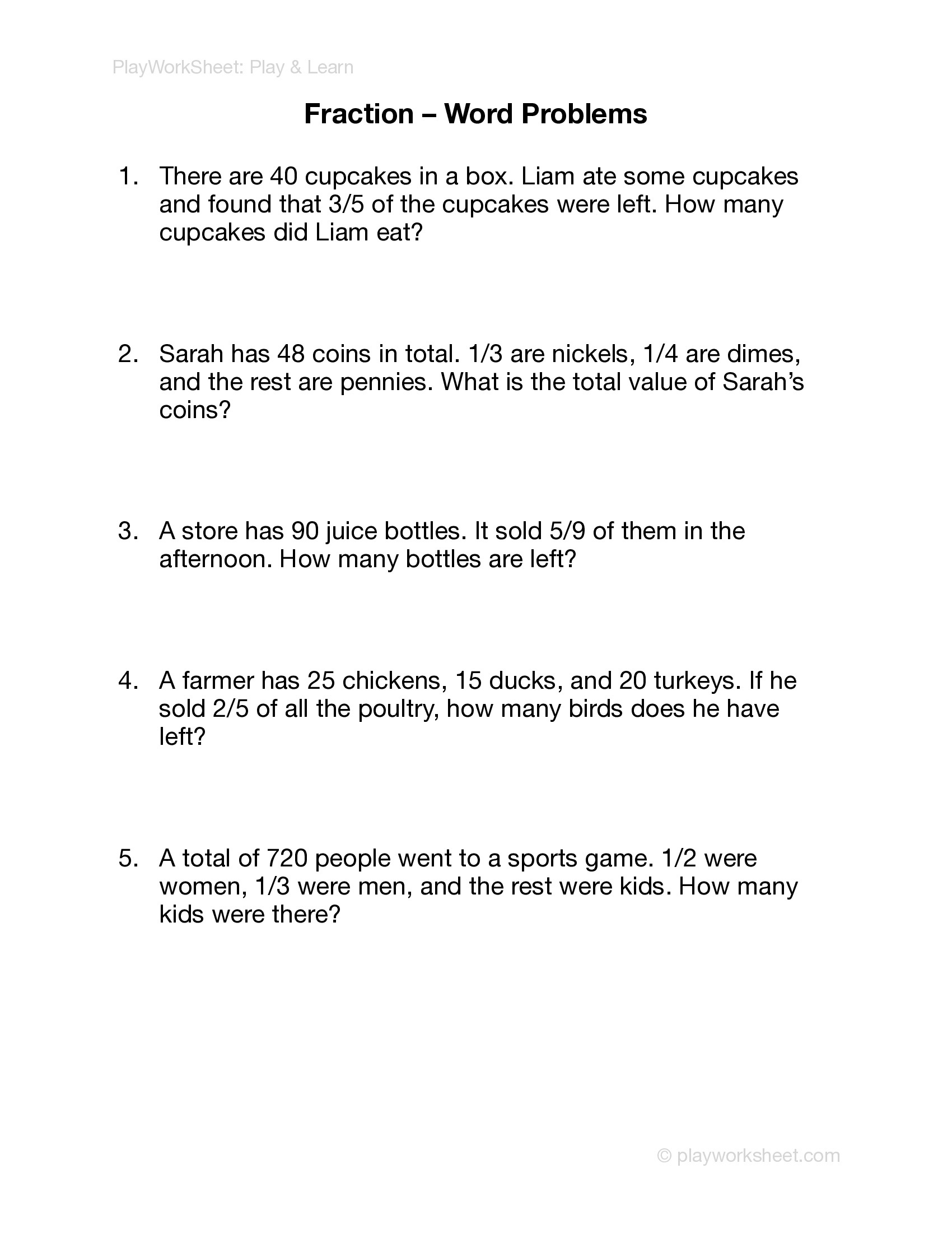 Fraction Word Problems Worksheet - Page 1